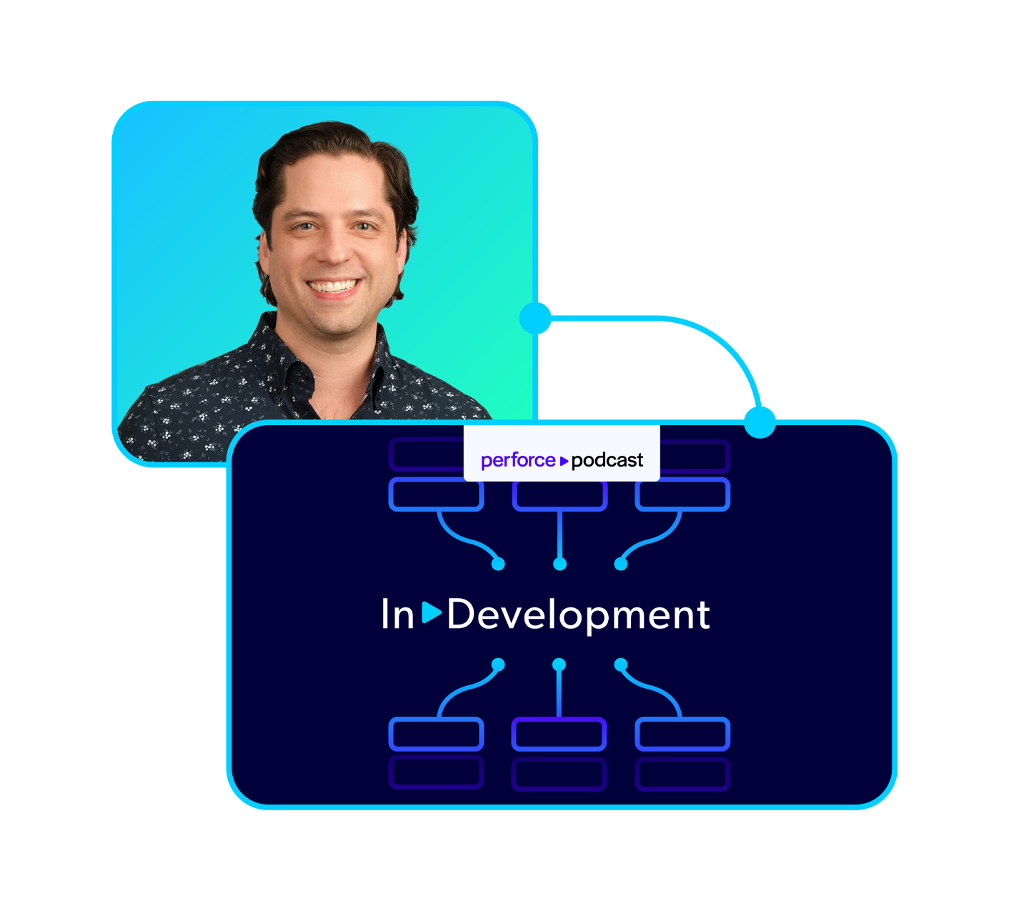 Headshot of Jase Lindgren and the Perforce In Development Podcast logo.