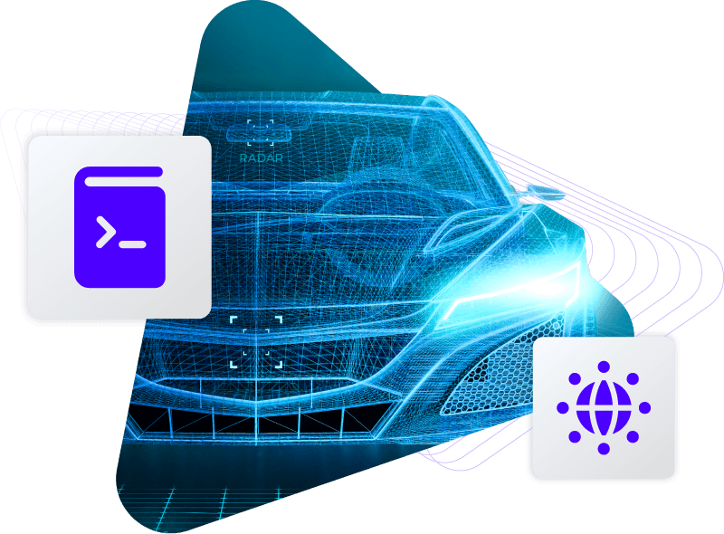 A digital car with programming language and network icons .