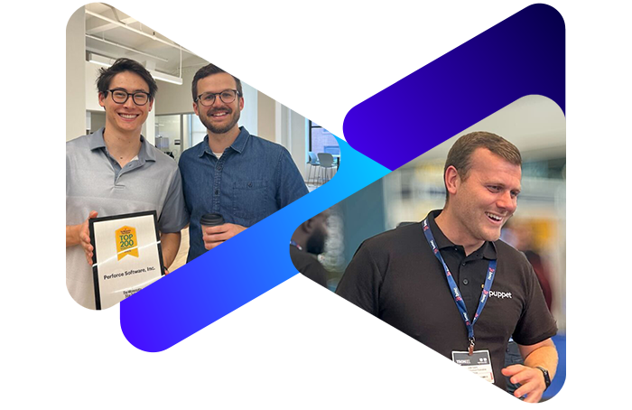 Two men smiling, one holding a certificate, in a bright indoor setting; another man with a badge and microphone.