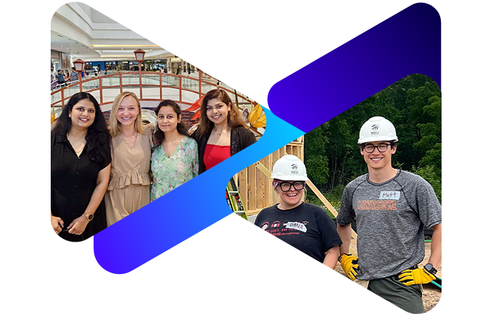 Four women in casual clothes at an outdoor event and two men wearing helmets and safety vests, standing outdoors.