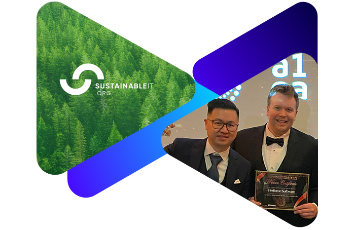 Two men in suits holding an award or certificate, standing in front of a presentation screen.