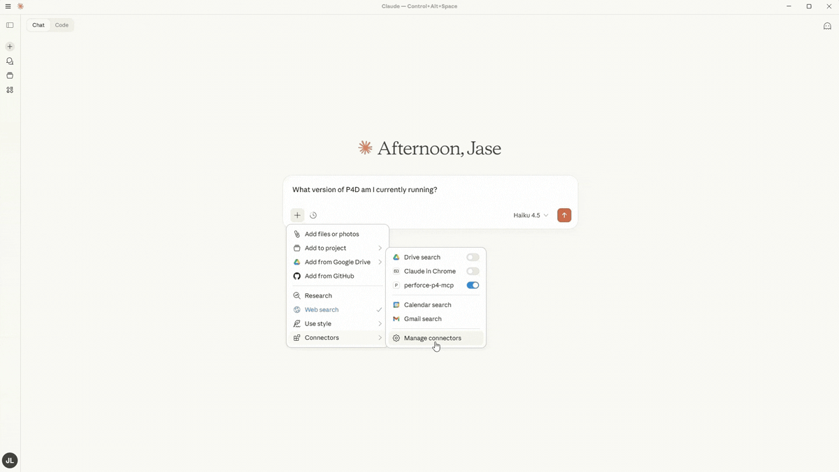 Screengrab of Claude connectors with "perforce-p4-mcp" selected and then a question asked.