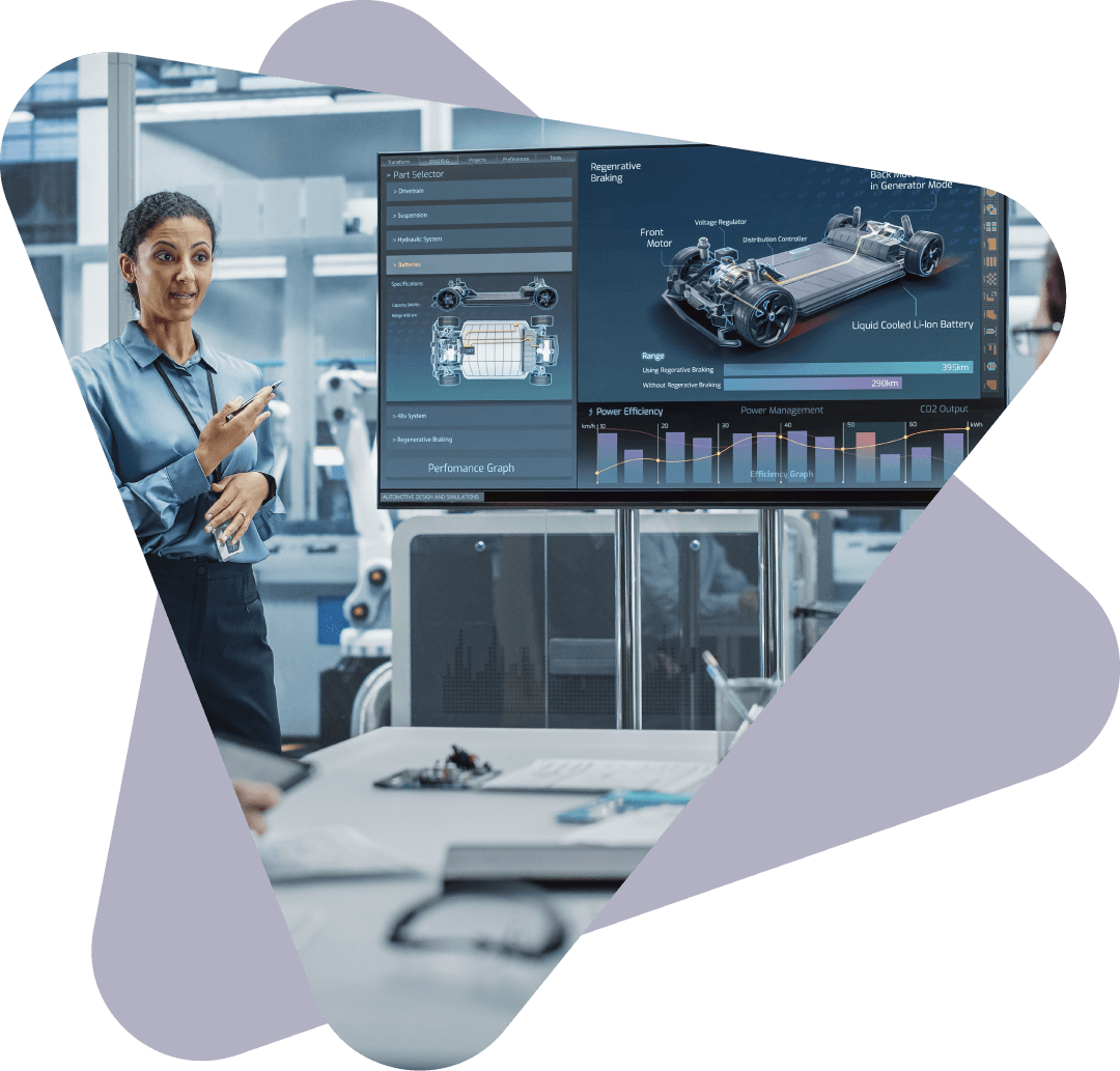 A developer standing in front of a screen displaying vehicle and data analytics.