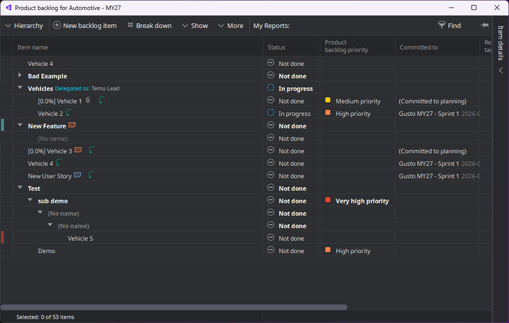 P4 Plan product backlog screenshot.