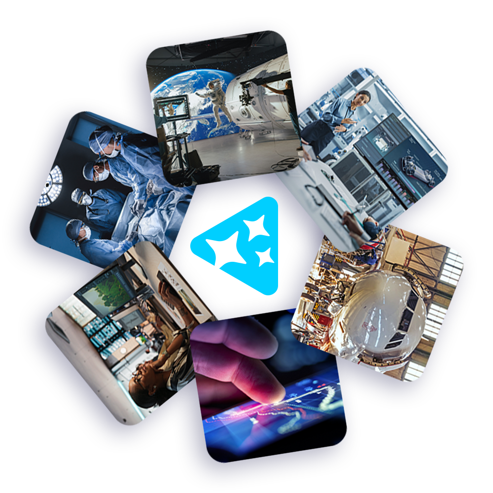 Seven industry images arranged in a circle around a Perforce Intelligence icon.