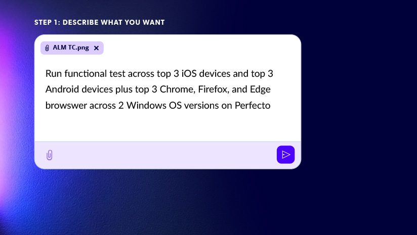 Stylized screenshot of the Perforce Perfecto AI chat testing window with copy about executing tests across devices and browsers