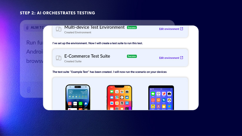 Stylized screenshot of the Perforce Perfecto AI chat executing environment and test suite setup based on the user prompt