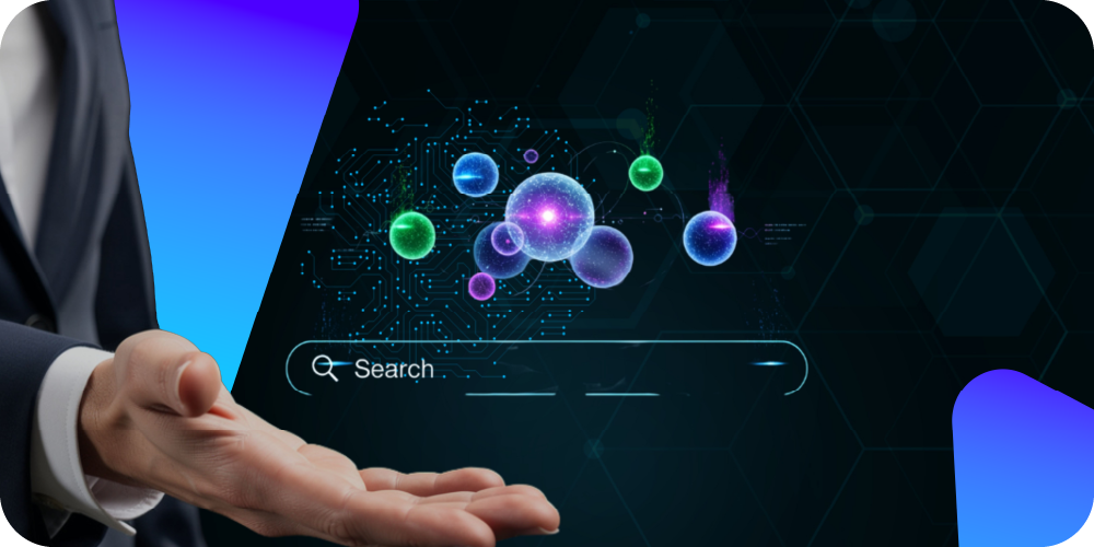 A person’s hand extends toward a holographic display with colorful floating bubbles and hexagonal patterns.