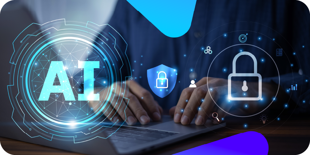 Hands typing on a laptop with digital icons of AI, shield, and lock floating above.