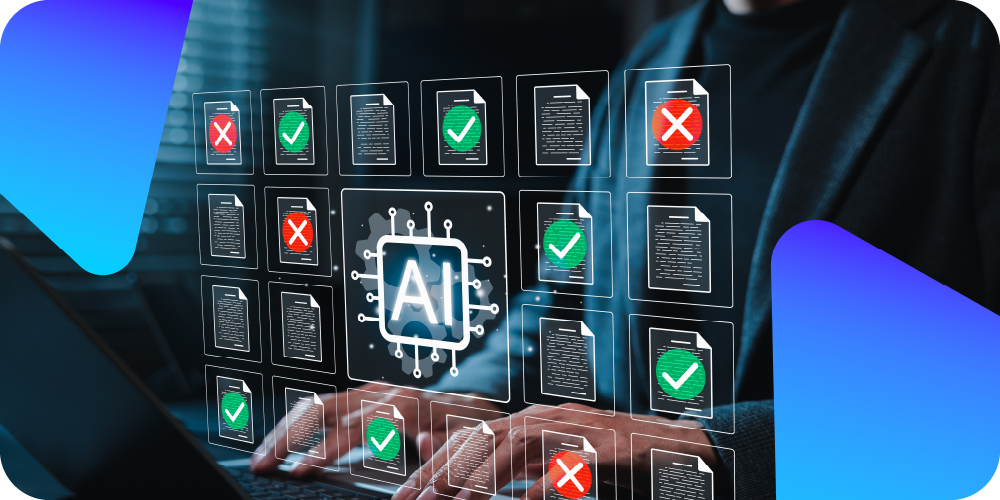 Hands typing on a smartphone with a digital AI and security icons floating above.