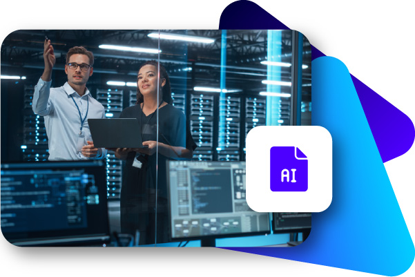 Three professionals in a high-tech control room with multiple monitors displaying data and code.