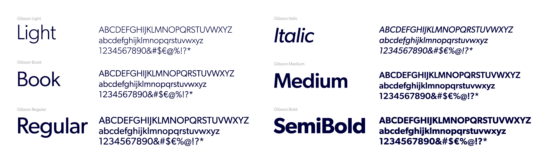 Gibson typeface weights: light, book, regular, italic, medium, and semibold.