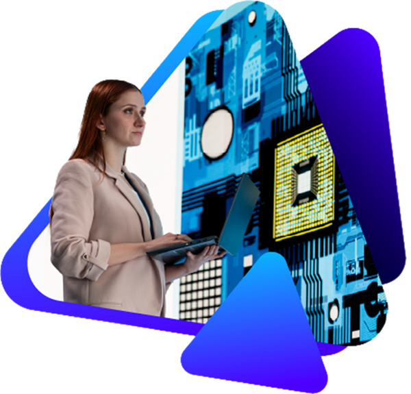 A woman with red hair holding a tablet, standing beside a large digital circuit board.