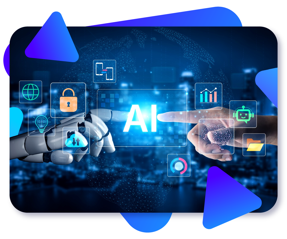 A digital illustration of AI technology with icons of security, data, and connectivity floating around a glowing "AI" text.