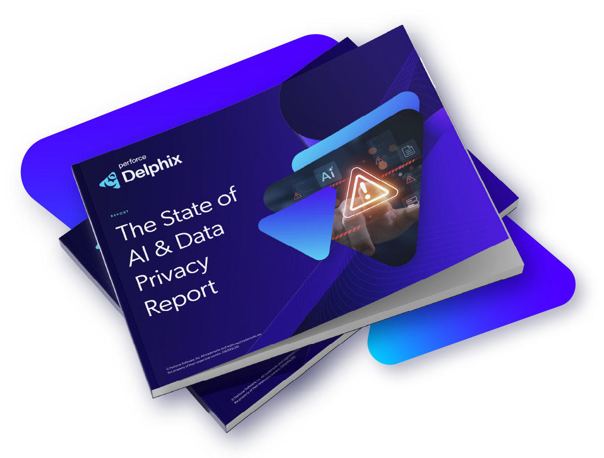 Multiple layered digital reports with a cover titled "The State of AI &amp; Data Privacy Report"