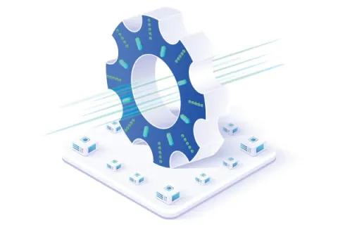 A blue gear icon with digital lines around it, on a white platform with small icons.