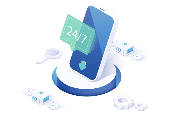 Illustration of mobile device with "27/7" panel on top surrounded by server, magnifying glass, and gear icons