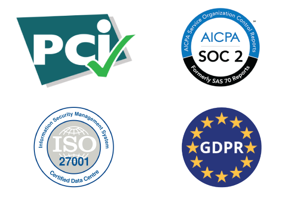 Logos for PCI, AICPA SOC2, ISO 27001, GDPR