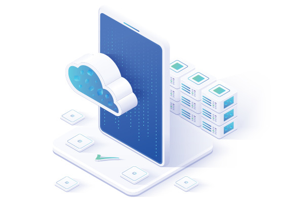 Illustration of a screen, cloud icon, with servers on a platform