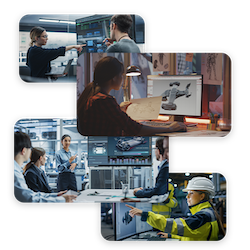 Group of professionals working with technology and machinery in a control room and industrial setting.