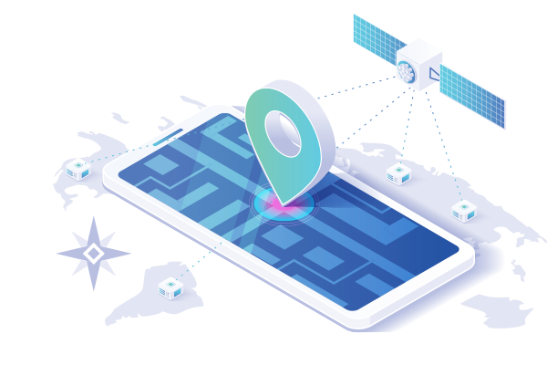 Illustration of mobile device with location pin and map underneath indicating global reach