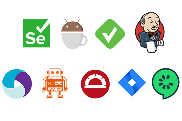 Logos from Selenium, Espresso, XCUITest, Jenkins, Appium, Jira, Cucumber, and others