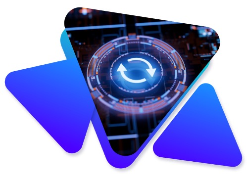 A circular digital interface with arrows and data symbols on a futuristic background.