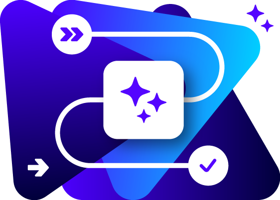 A digital illustration of a connected network with icons, stars, and arrows on a purple and blue background.
