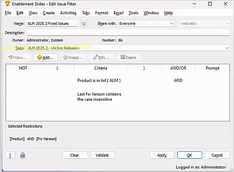 Example of tag creation in Perforce ALM.