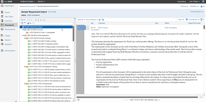 Requirement documentation in Perforce ALM.