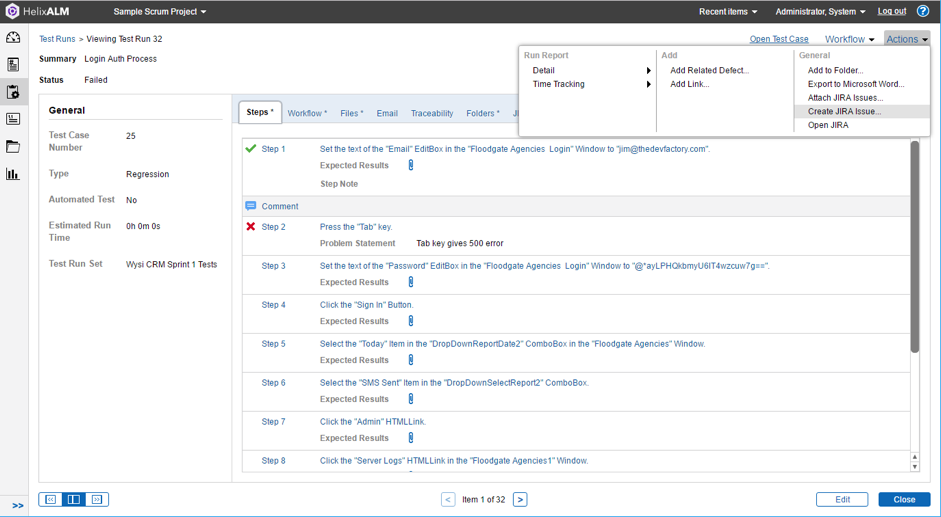 Screenshot of Jira tests in Perforce ALM.