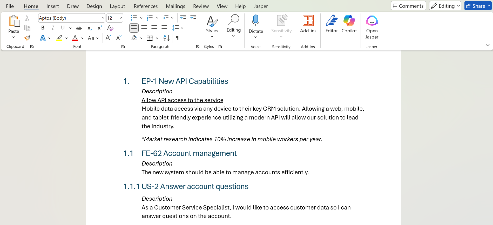 Example of a PRD document in Microsoft Word.