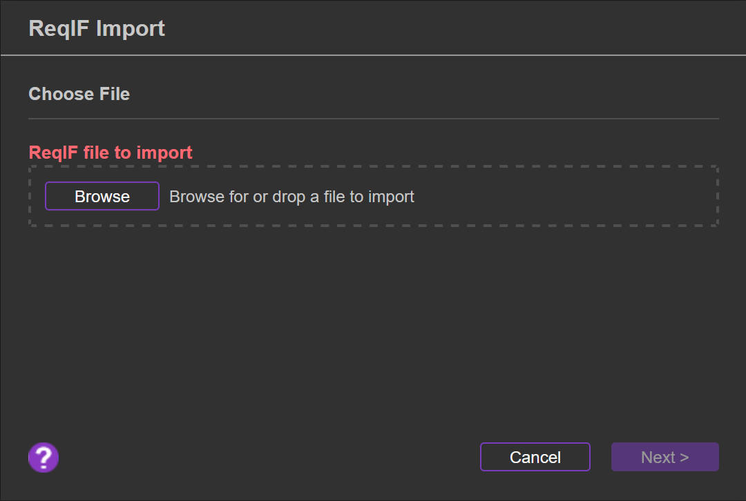 Screen to import ReqIF into Perforce ALM.