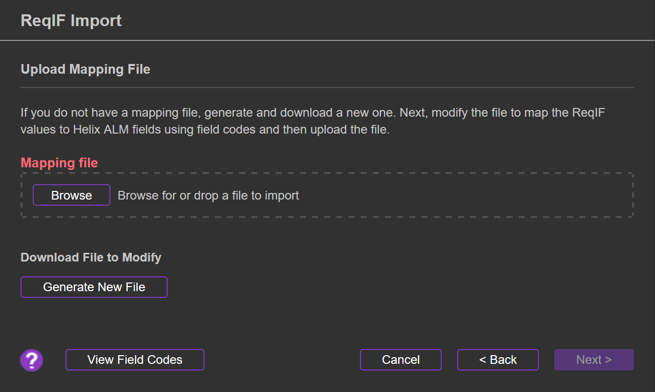 Window to import ReqIF mapping file into Perforce ALM.