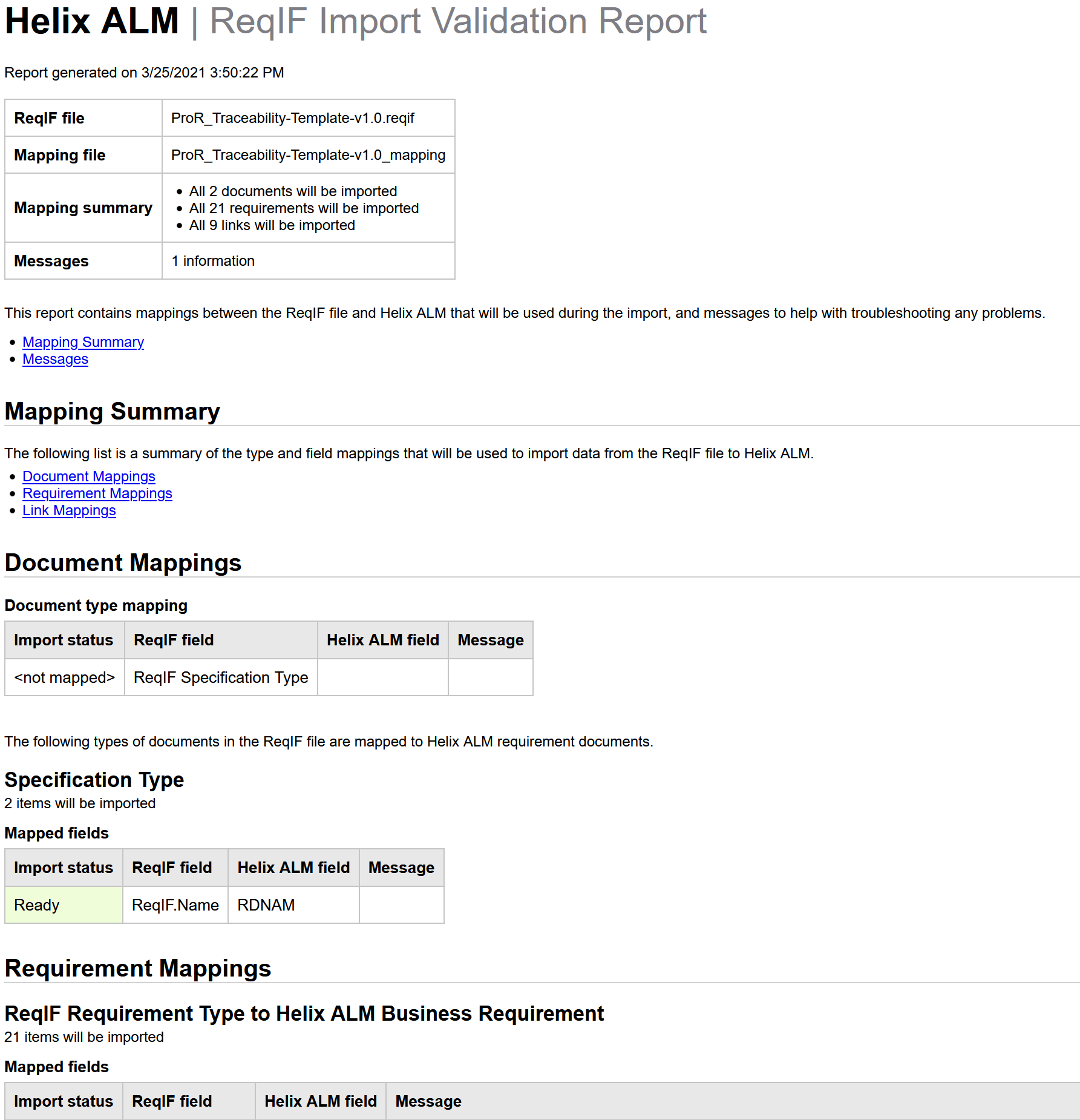 ReqIF validation report in Perforce ALM.