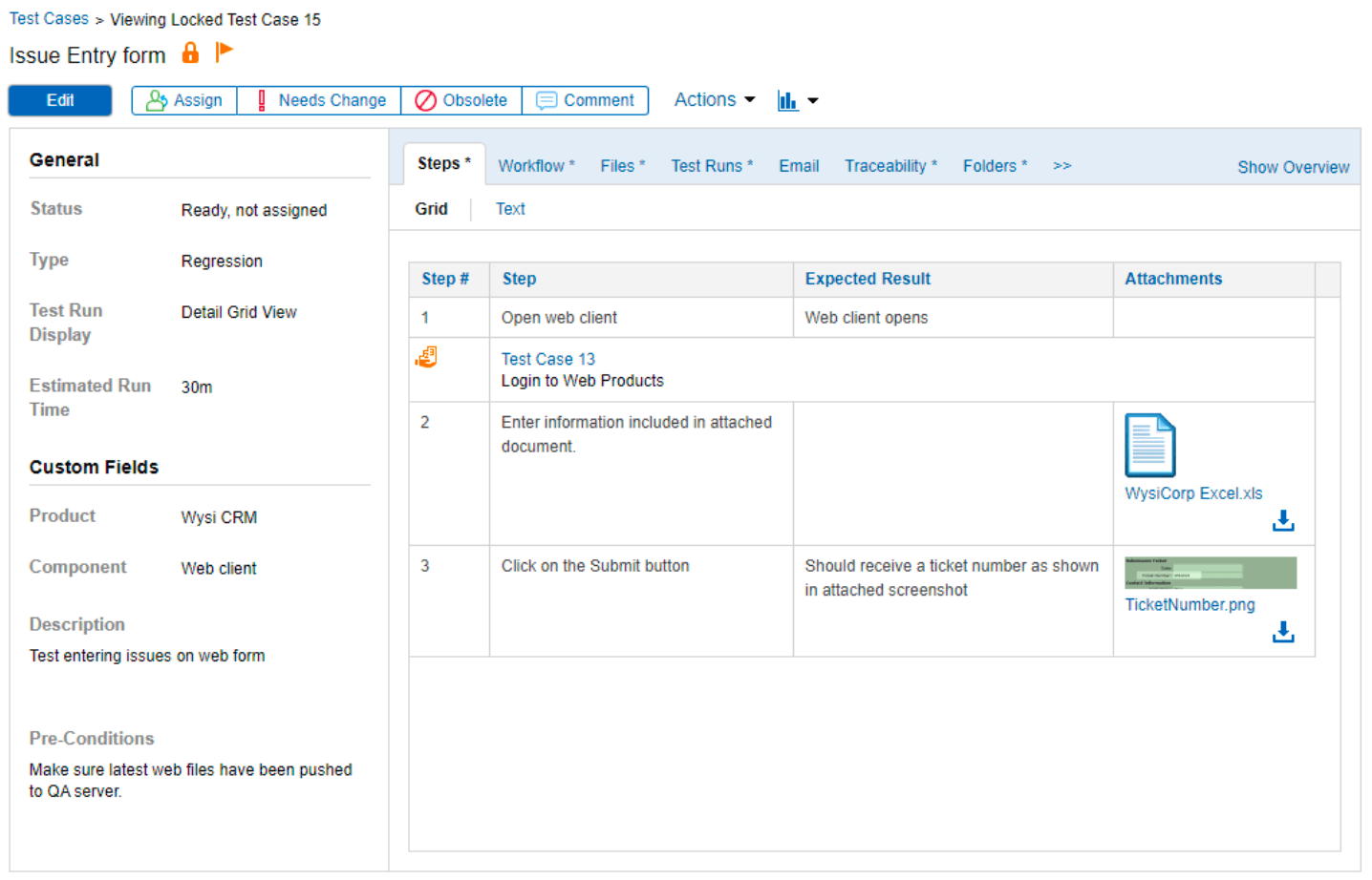 Example of a test case in Perforce ALM.