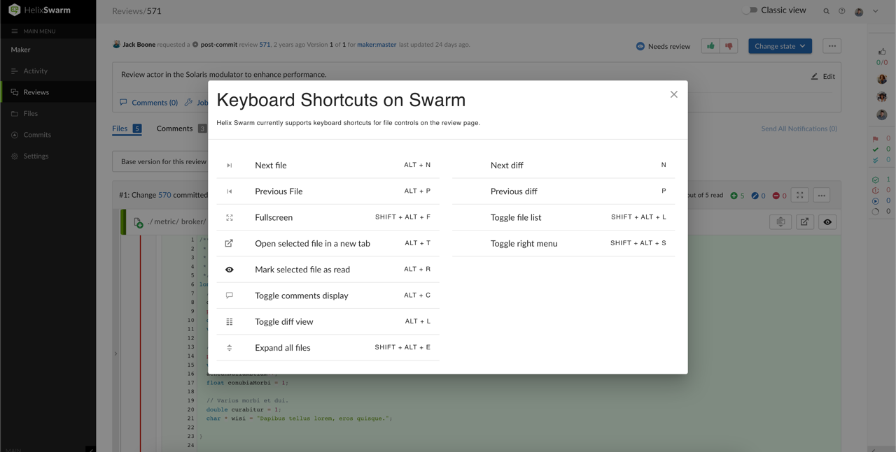 Keyboard Shortcuts on Helix Swarm