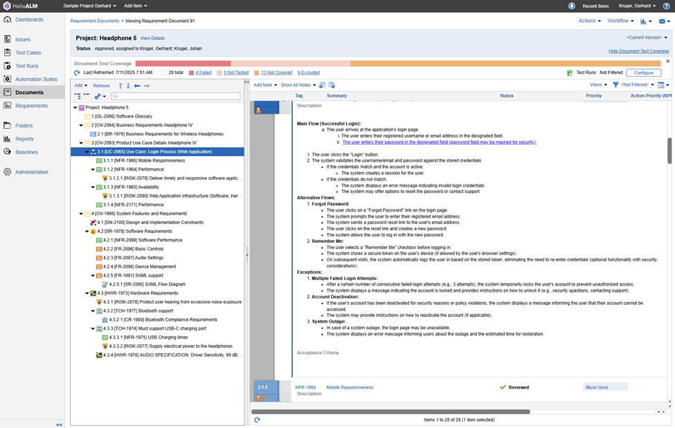 Example of an SRS document created in Perforce ALM.