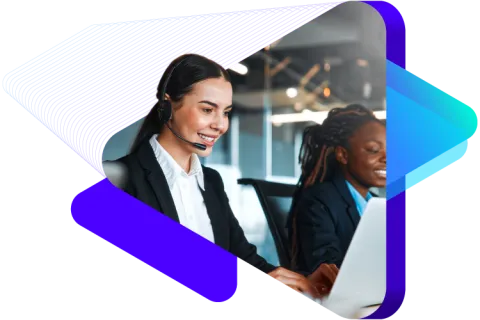 Professional management services people at computers.