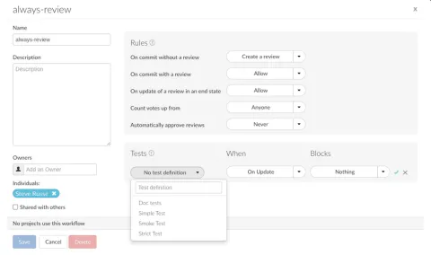 Customize workflows screenshot, Perforce Helix Swarm.