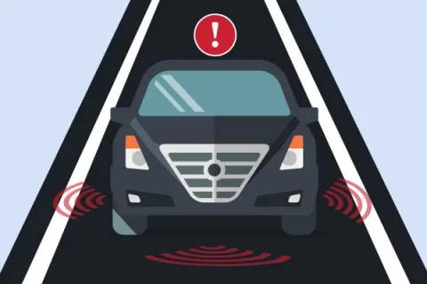 Self-driving car on road with sensors.