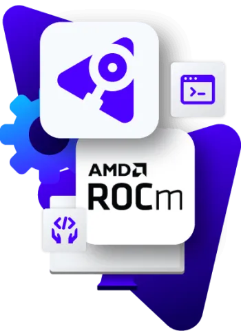 TotalView and AMD ROCm with coding and gear icons above desktop.