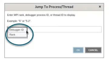 TotalView process thread jump debugger ID and rank screenshot.