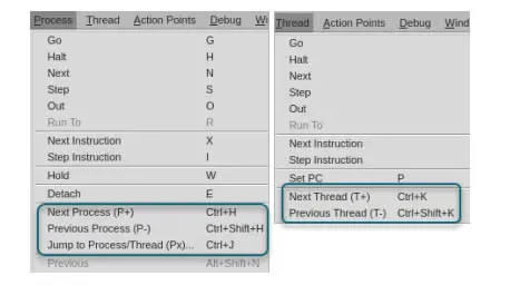 TotalView process thread menus screenshots.