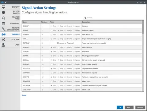 TotalView signal action settings screenshot.