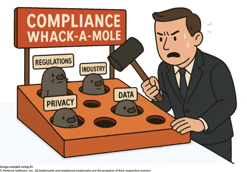 Illustration: cartoon business man leans over a "Compliance Whack-a-Mole" game with moles labeled "regulations," "industry," "privacy" and "data."