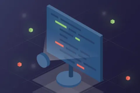 Computer screen with colorful lines and code on a blue background, mounted on a stand.