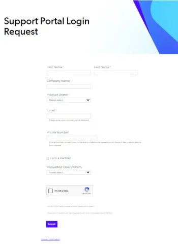Support Portal Login Request form with fields for name, email, department, location, phone, and captcha validation.