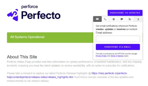 A computer screen displaying the Perforce Perfecto website with menu options and a green header labeled "All Systems Operational."