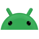 Green Android robot head with black eyes and antennae on a white background.